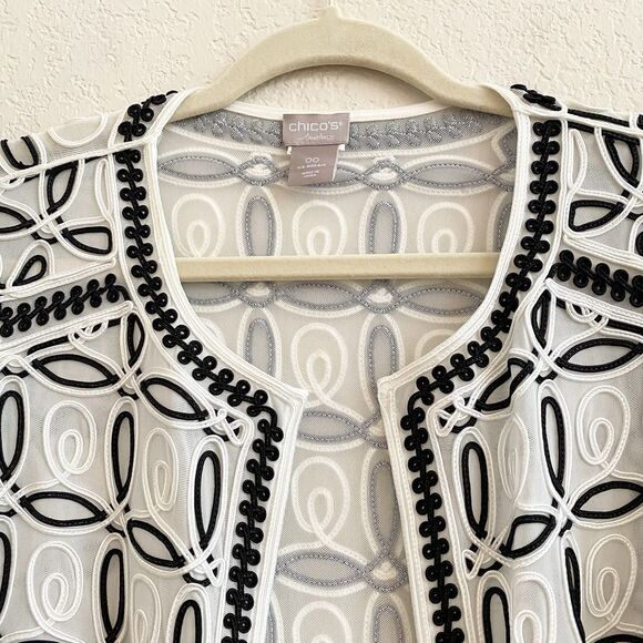 Chicos Travelers Women’s Black White  Jacket Chicos Size 00 US Size 2 Soutache - Picture 2 of 8